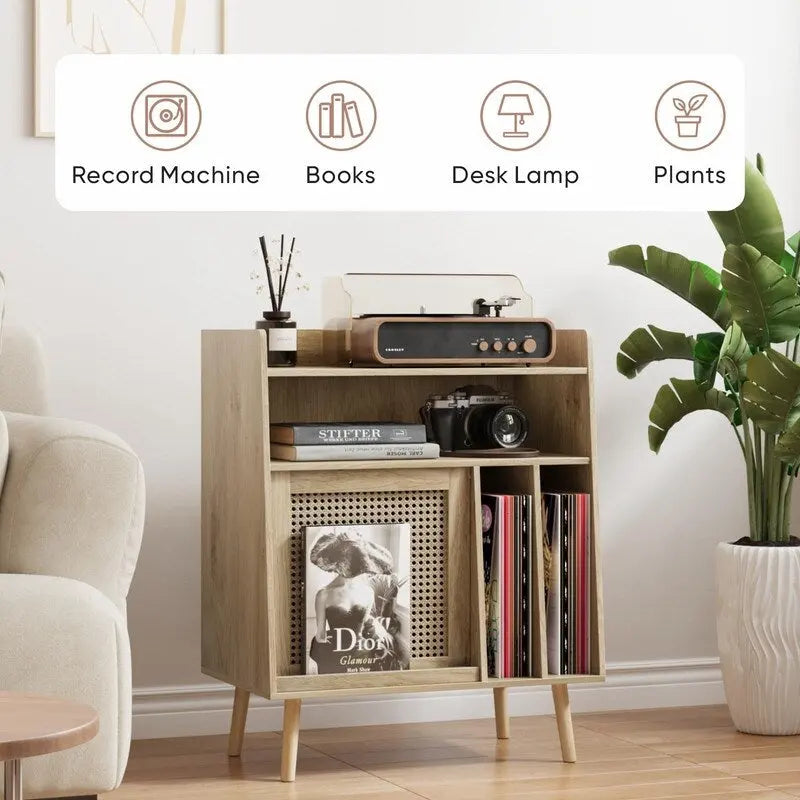 Meuble pour platine vinyle, style rotin, présentoir rabattable, 2 séparateurs, naturel, 1 unité