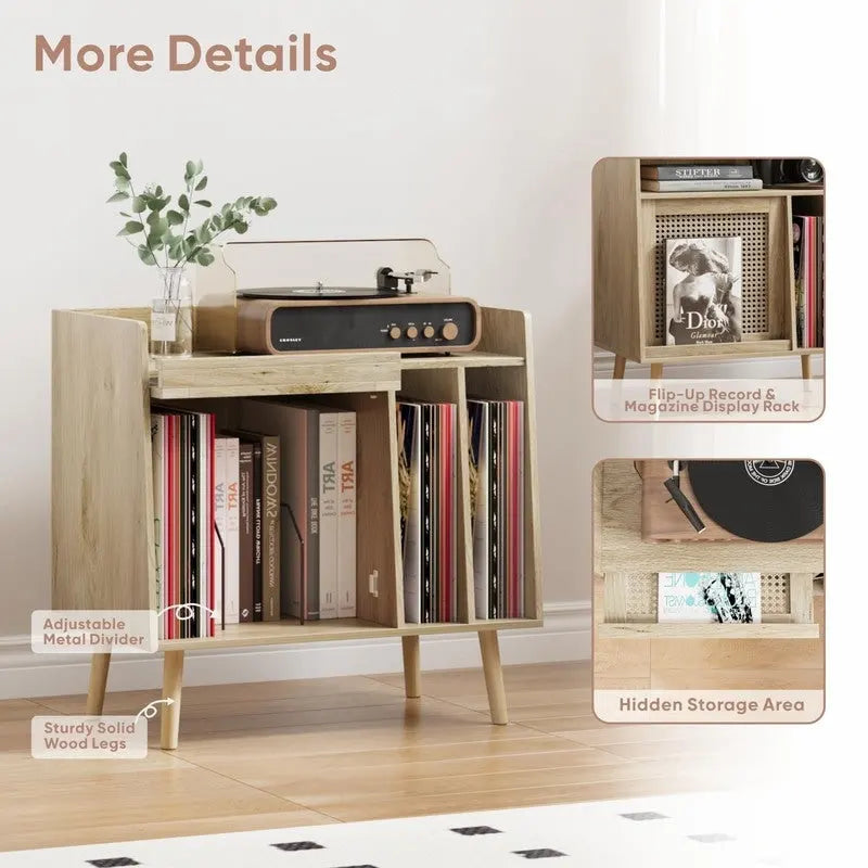 Meuble pour platine vinyle, style rotin, présentoir rabattable, 2 séparateurs, naturel, 1 unité