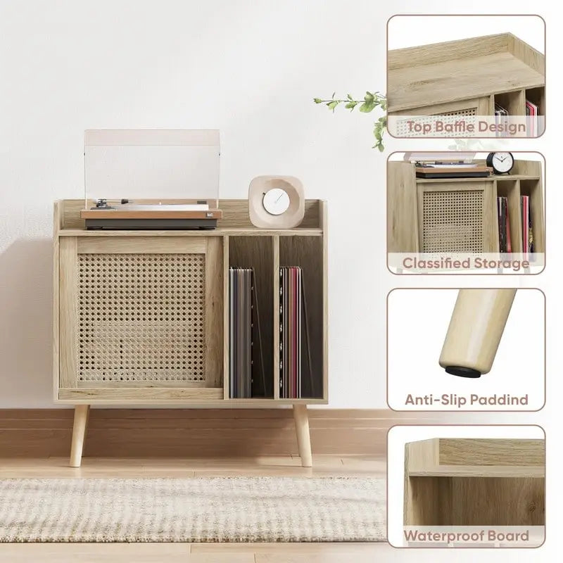 Meuble pour platine vinyle, style rotin, présentoir rabattable, 2 séparateurs, naturel, 1 unité