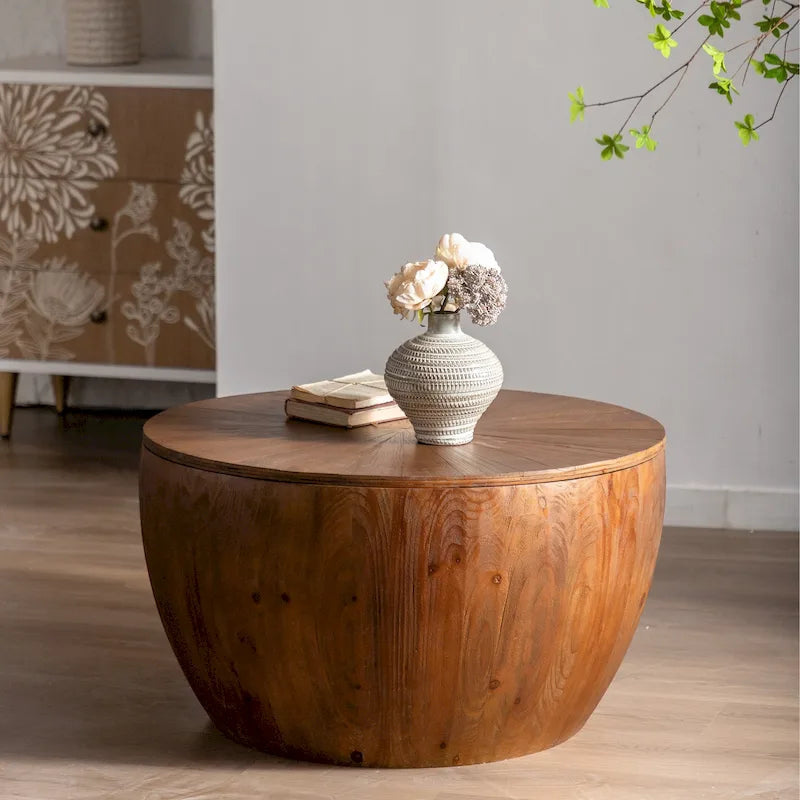 Table basse tonneau de 31,5 pouces, fonction de rangement, style vintage, marron, 1 unité
