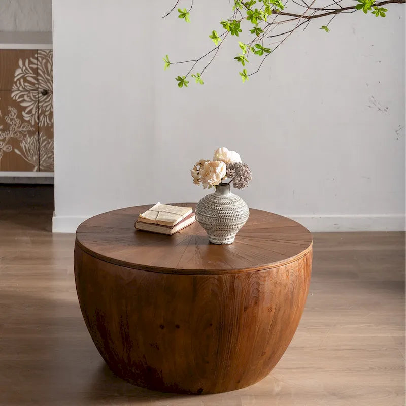Table basse tonneau de 31,5 pouces, fonction de rangement, style vintage, marron, 1 unité