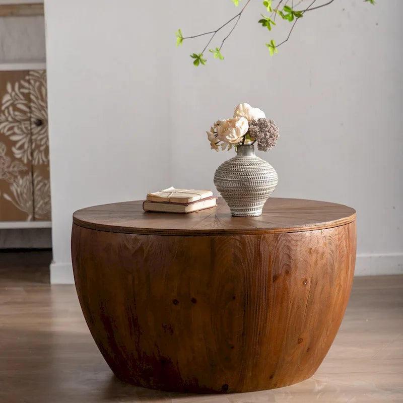 Table basse tonneau de 31,5 pouces, fonction de rangement, style vintage, marron, 1 unité