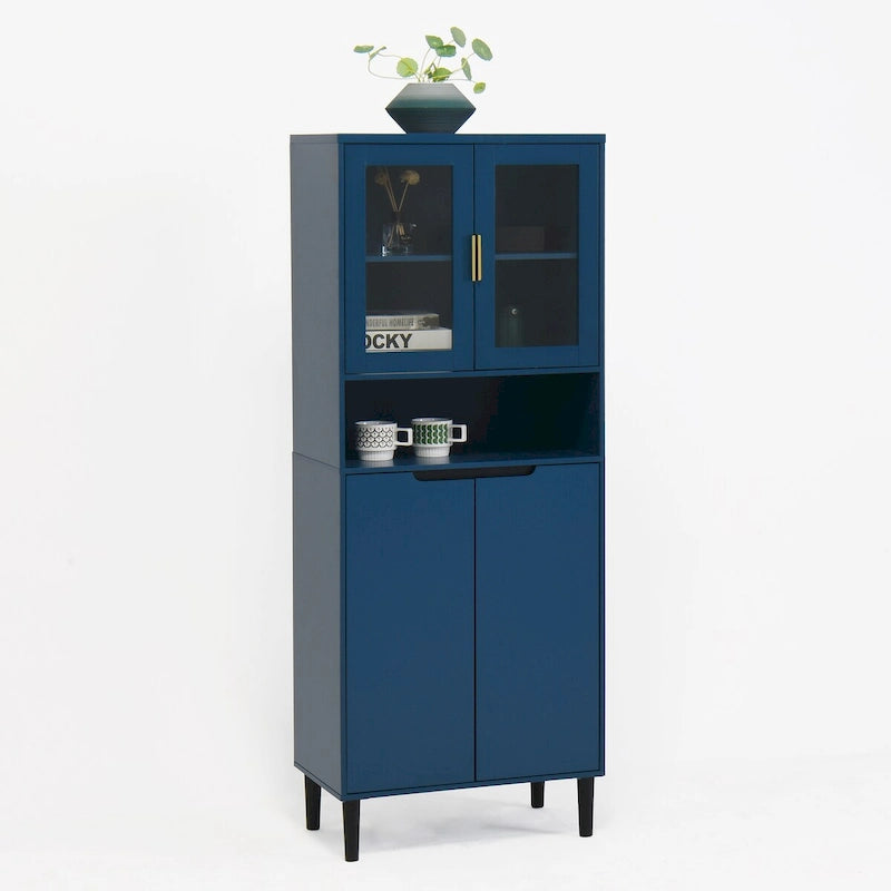 Meuble de rangement haut, 2 portes vitrées, 2 portes pleines, poignées dorées, style moderne, vert/bleu/blanc, 1 unité