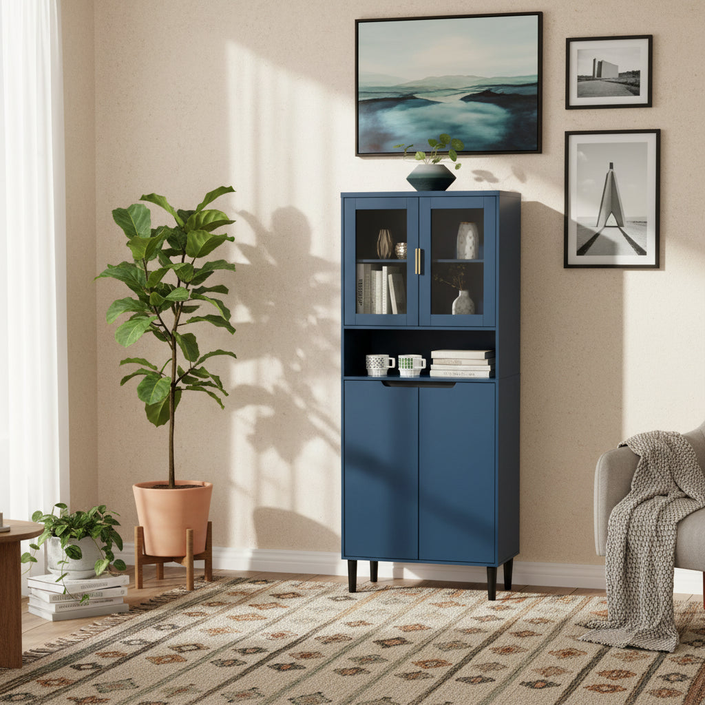 Tall Storage Show Cabinet with 2 Glass Display Door & 2 Doors, Kitchen Pantry Cabinet with Gold HandlesCabinet Freestanding