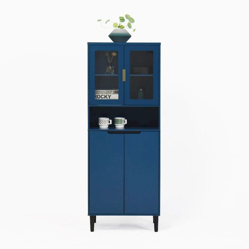 Meuble de rangement haut, 2 portes vitrées, 2 portes pleines, poignées dorées, style moderne, vert/bleu/blanc, 1 unité