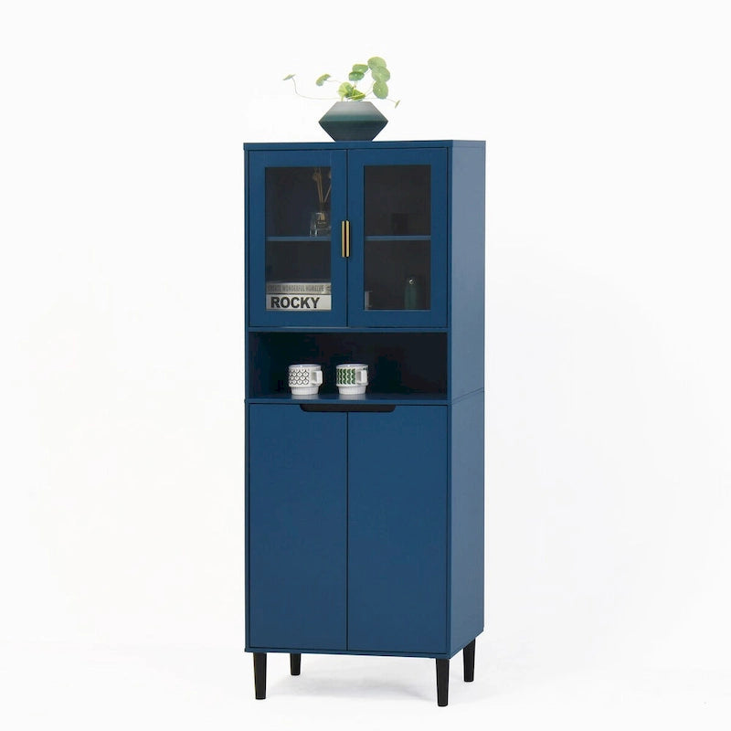 Meuble de rangement haut, 2 portes vitrées, 2 portes pleines, poignées dorées, style moderne, vert/bleu/blanc, 1 unité