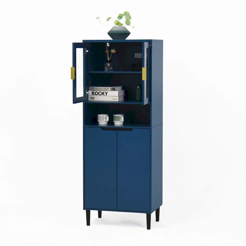 Meuble de rangement haut, 2 portes vitrées, 2 portes pleines, poignées dorées, style moderne, vert/bleu/blanc, 1 unité