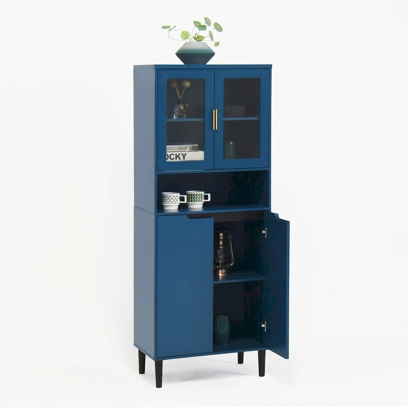 Meuble de rangement haut, 2 portes vitrées, 2 portes pleines, poignées dorées, style moderne, vert/bleu/blanc, 1 unité