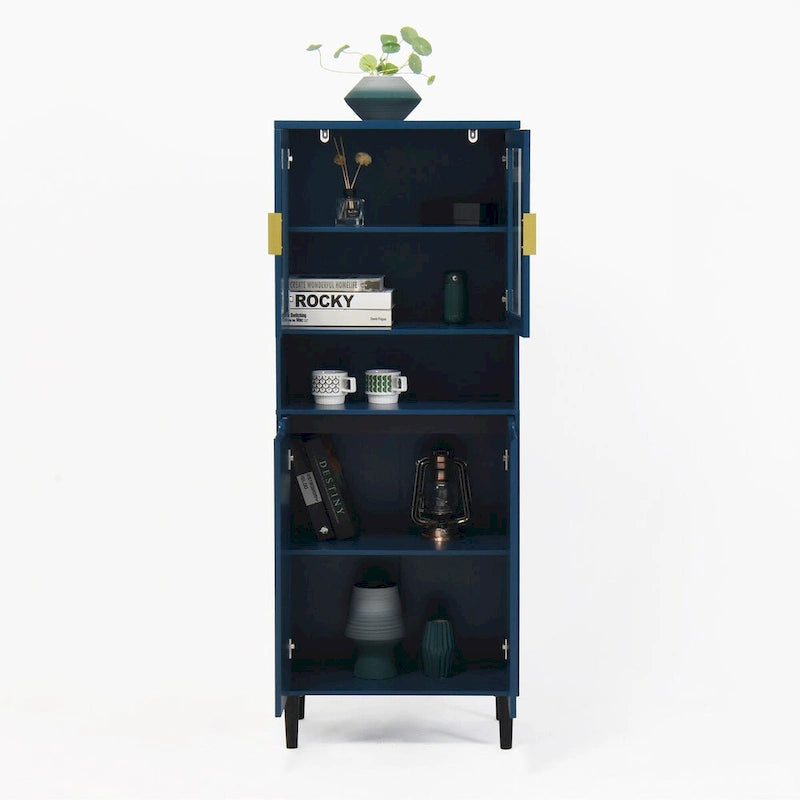 Meuble de rangement haut, 2 portes vitrées, 2 portes pleines, poignées dorées, style moderne, vert/bleu/blanc, 1 unité