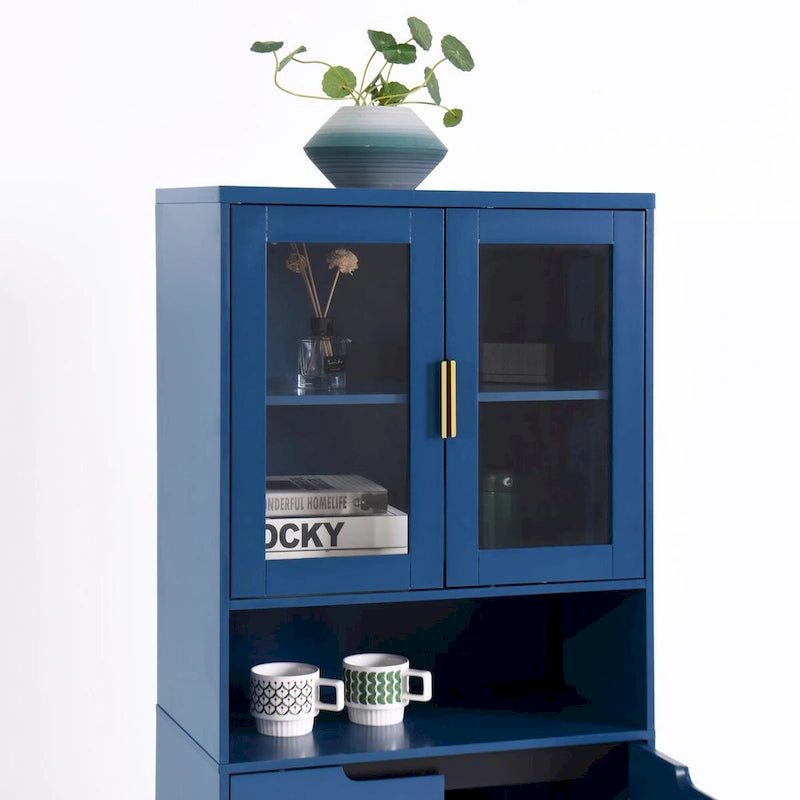 Meuble de rangement haut, 2 portes vitrées, 2 portes pleines, poignées dorées, style moderne, vert/bleu/blanc, 1 unité