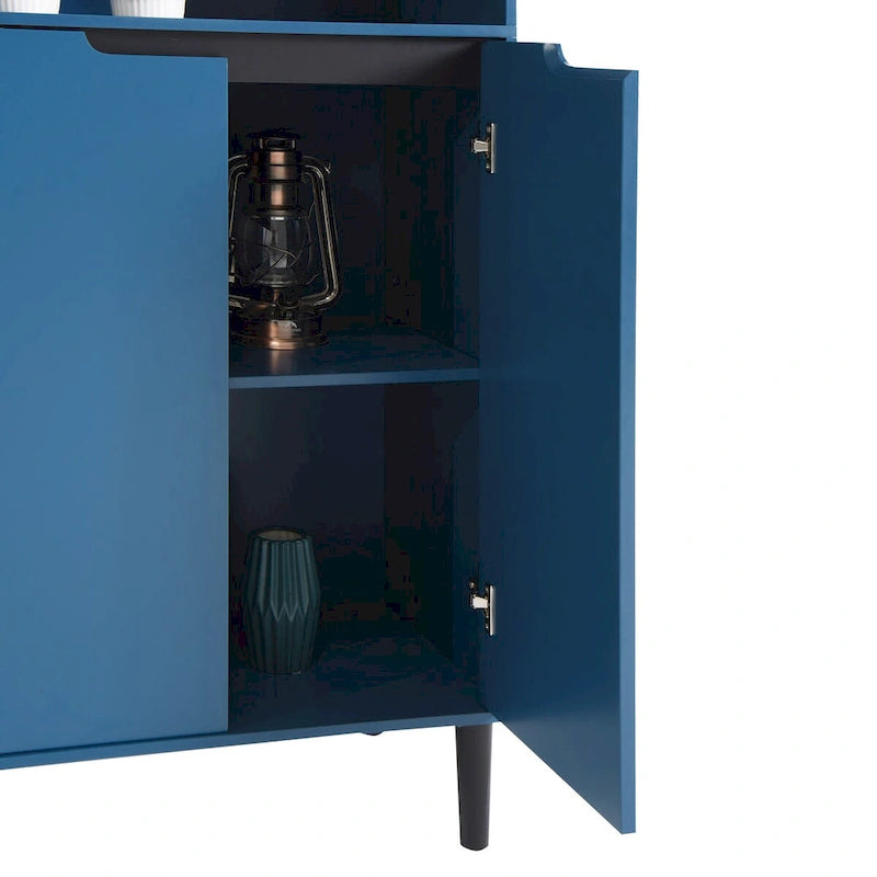 Meuble de rangement haut, 2 portes vitrées, 2 portes pleines, poignées dorées, style moderne, vert/bleu/blanc, 1 unité