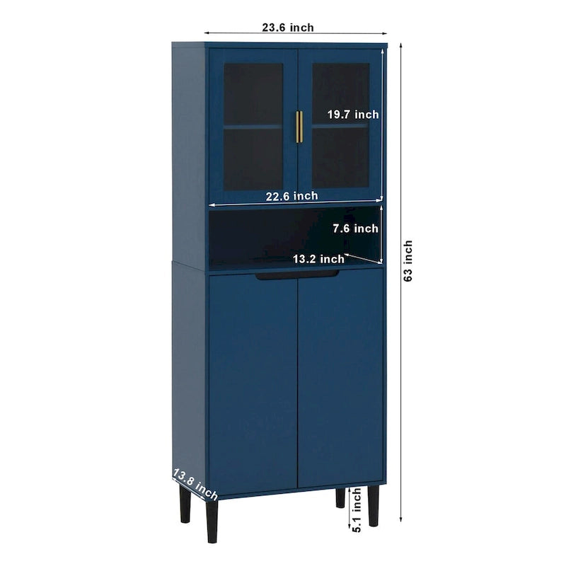 Meuble de rangement haut, 2 portes vitrées, 2 portes pleines, poignées dorées, style moderne, vert/bleu/blanc, 1 unité