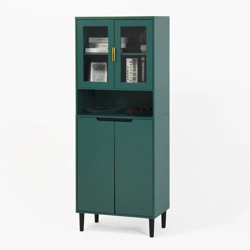 Meuble de rangement haut, 2 portes vitrées, 2 portes pleines, poignées dorées, style moderne, vert/bleu/blanc, 1 unité