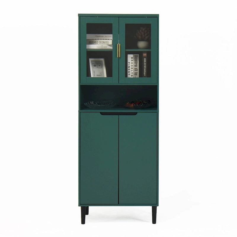 Meuble de rangement haut, 2 portes vitrées, 2 portes pleines, poignées dorées, style moderne, vert/bleu/blanc, 1 unité