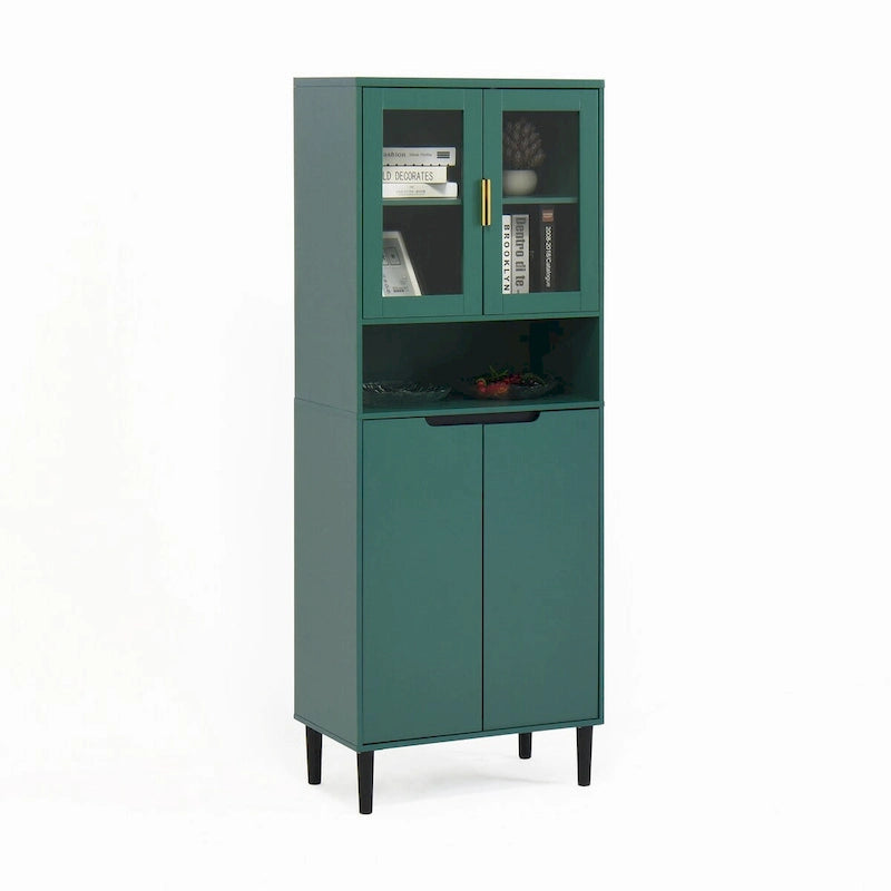 Meuble de rangement haut, 2 portes vitrées, 2 portes pleines, poignées dorées, style moderne, vert/bleu/blanc, 1 unité