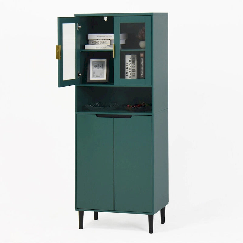 Meuble de rangement haut, 2 portes vitrées, 2 portes pleines, poignées dorées, style moderne, vert/bleu/blanc, 1 unité