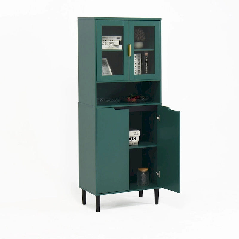 Meuble de rangement haut, 2 portes vitrées, 2 portes pleines, poignées dorées, style moderne, vert/bleu/blanc, 1 unité