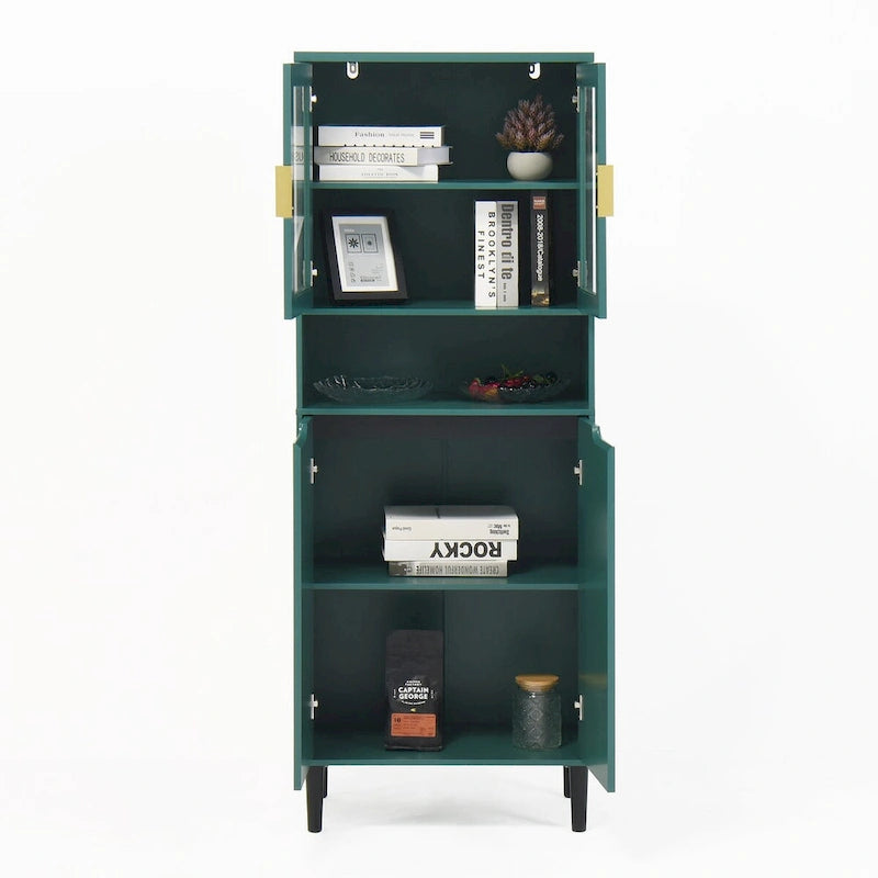 Meuble de rangement haut, 2 portes vitrées, 2 portes pleines, poignées dorées, style moderne, vert/bleu/blanc, 1 unité