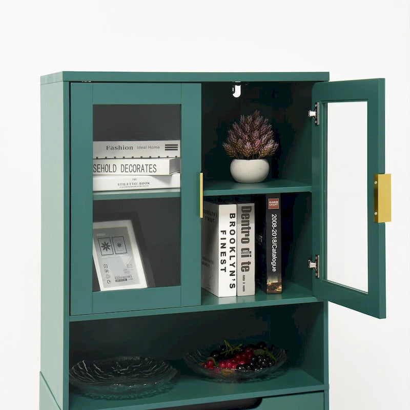 Meuble de rangement haut, 2 portes vitrées, 2 portes pleines, poignées dorées, style moderne, vert/bleu/blanc, 1 unité