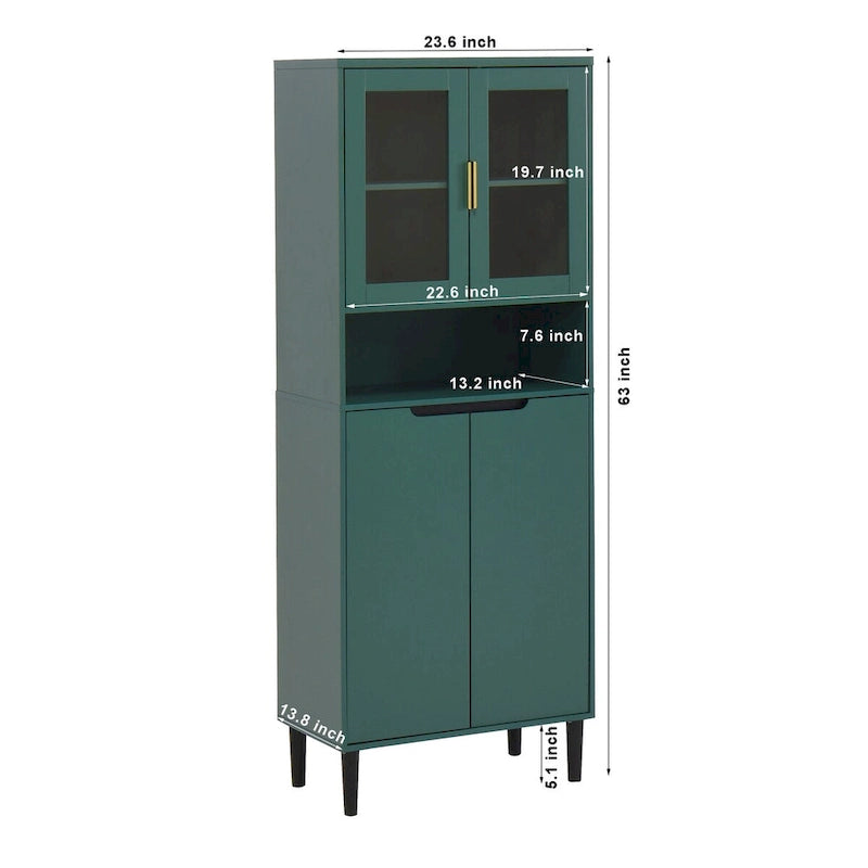 Meuble de rangement haut, 2 portes vitrées, 2 portes pleines, poignées dorées, style moderne, vert/bleu/blanc, 1 unité
