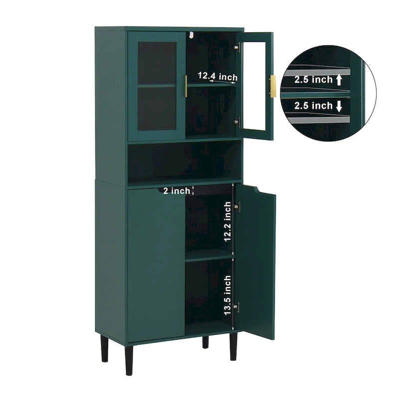 Meuble de rangement haut, 2 portes vitrées, 2 portes pleines, poignées dorées, style moderne, vert/bleu/blanc, 1 unité