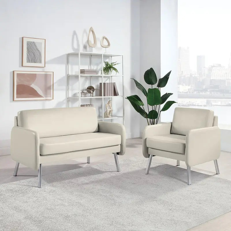 Causeuse, mousse haute densité, pieds chromés, style moderne, similicuir fumé / tissu anthracite / similicuir crème, 2 personnes