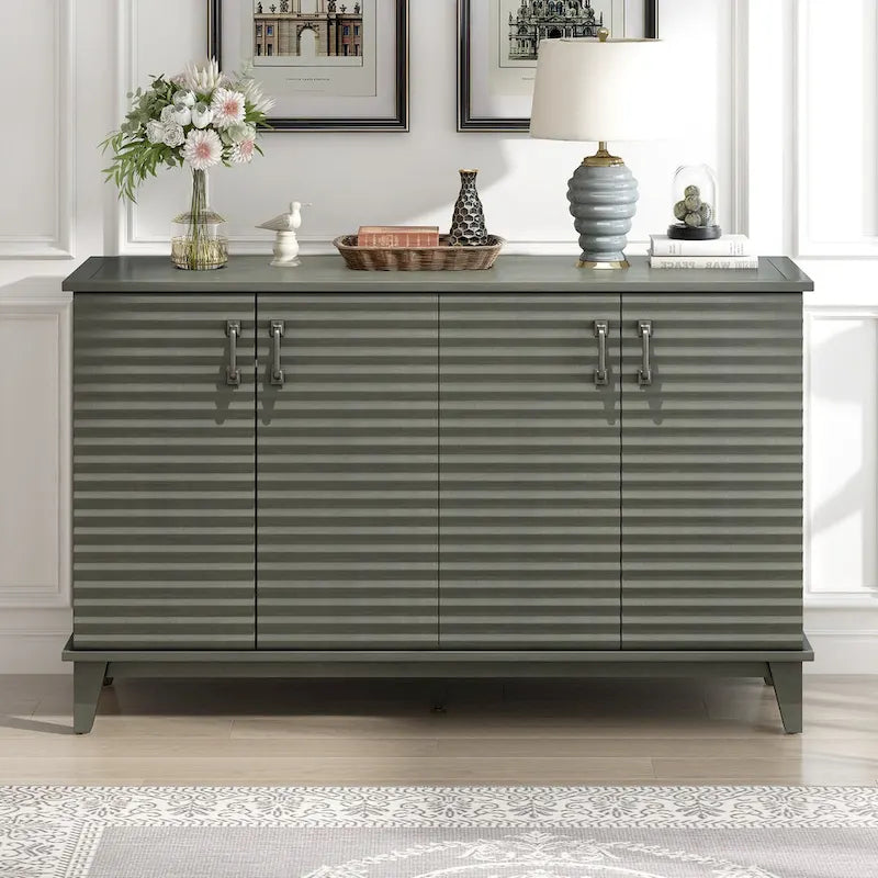 Buffet bahut 4 portes, 2 étagères réglables, poignées métalliques, cadre en bois de pin, style rétro, gris antique, 1 unité