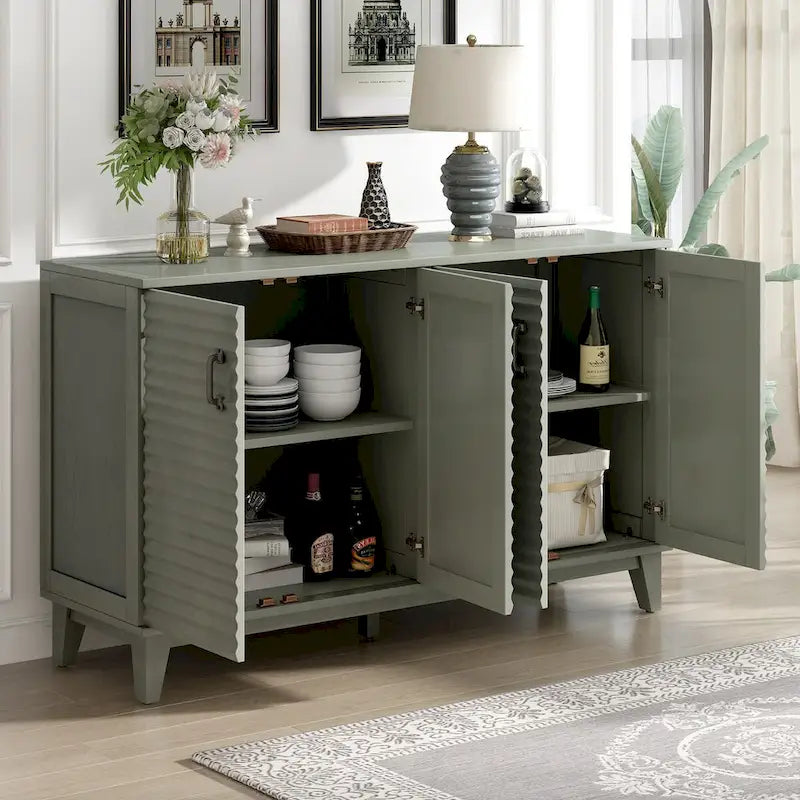Buffet bahut 4 portes, 2 étagères réglables, poignées métalliques, cadre en bois de pin, style rétro, gris antique, 1 unité