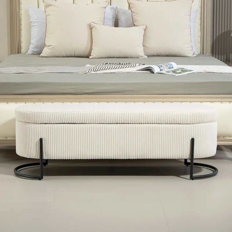 Banc de rangement ottoman de 52 pouces, capitonné, tissu velours, pieds en métal, style Mid-Century, beige / émeraude / noir / rose / orange / gris foncé, 1 unité