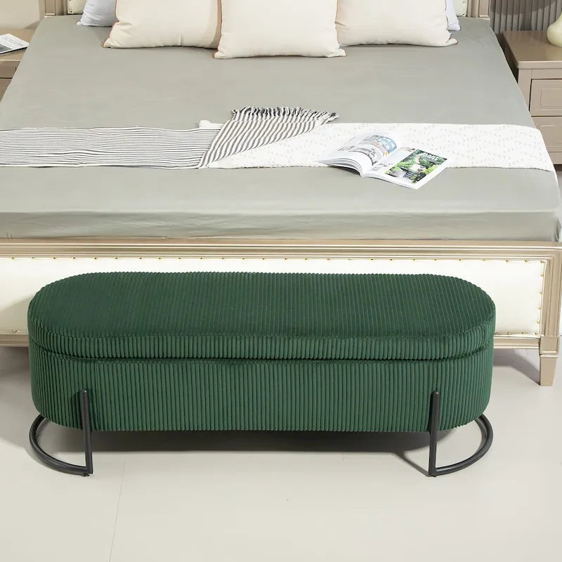 Banc de rangement ottoman de 52 pouces, capitonné, tissu velours, pieds en métal, style Mid-Century, beige / émeraude / noir / rose / orange / gris foncé, 1 unité