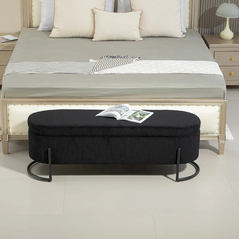 Banc de rangement ottoman de 52 pouces, capitonné, tissu velours, pieds en métal, style Mid-Century, beige / émeraude / noir / rose / orange / gris foncé, 1 unité