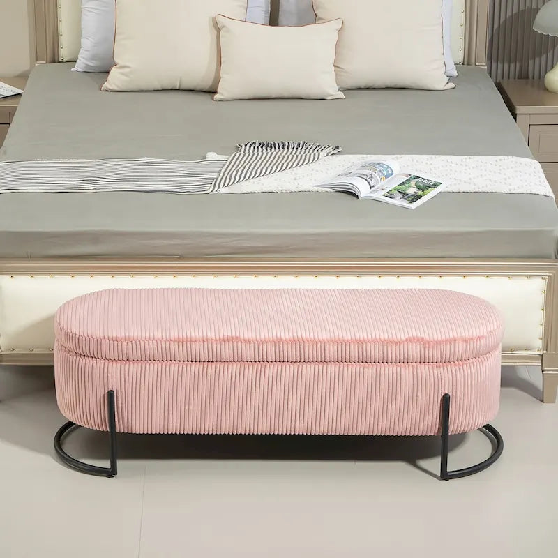 Banc de rangement ottoman de 52 pouces, capitonné, tissu velours, pieds en métal, style Mid-Century, beige / émeraude / noir / rose / orange / gris foncé, 1 unité