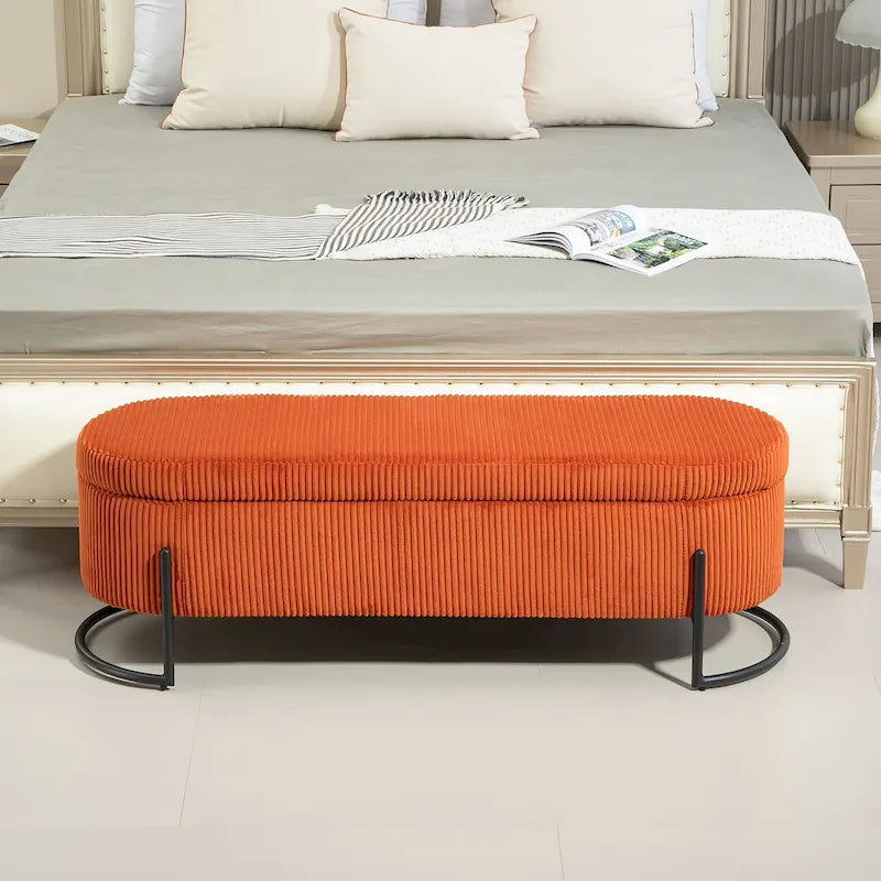 Banc de rangement ottoman de 52 pouces, capitonné, tissu velours, pieds en métal, style Mid-Century, beige / émeraude / noir / rose / orange / gris foncé, 1 unité