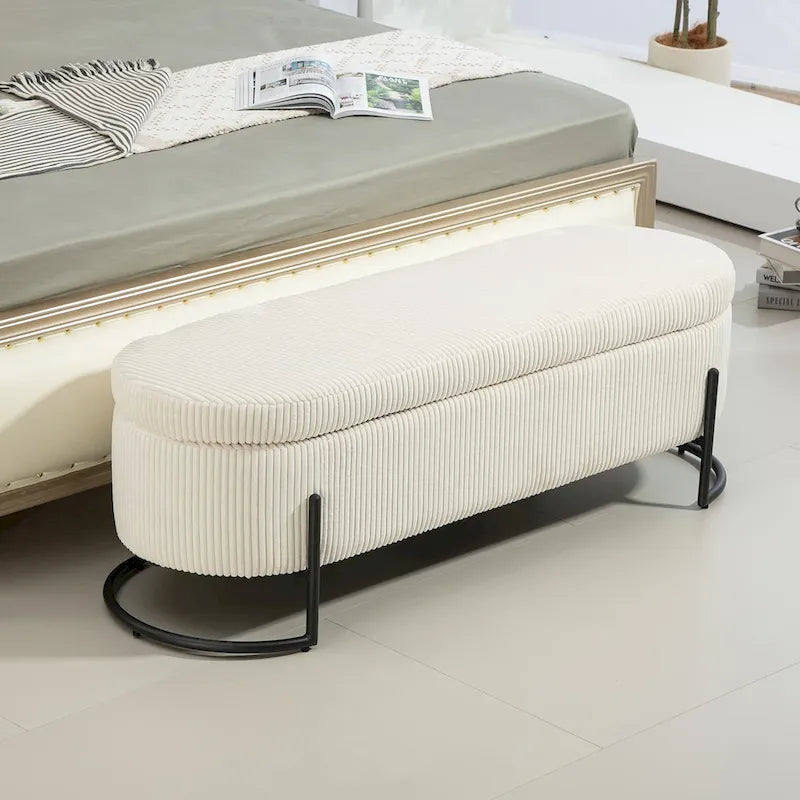 Banc de rangement ottoman de 52 pouces, capitonné, tissu velours, pieds en métal, style Mid-Century, beige / émeraude / noir / rose / orange / gris foncé, 1 unité