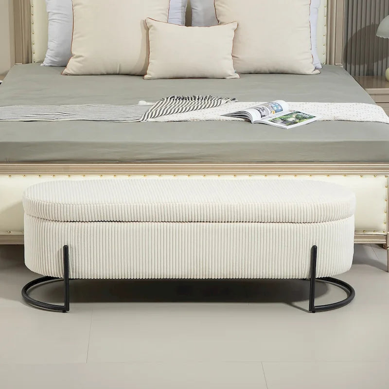 Banc de rangement ottoman de 52 pouces, capitonné, tissu velours, pieds en métal, style Mid-Century, beige / émeraude / noir / rose / orange / gris foncé, 1 unité