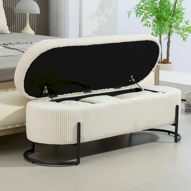 Banc de rangement ottoman de 52 pouces, capitonné, tissu velours, pieds en métal, style Mid-Century, beige / émeraude / noir / rose / orange / gris foncé, 1 unité