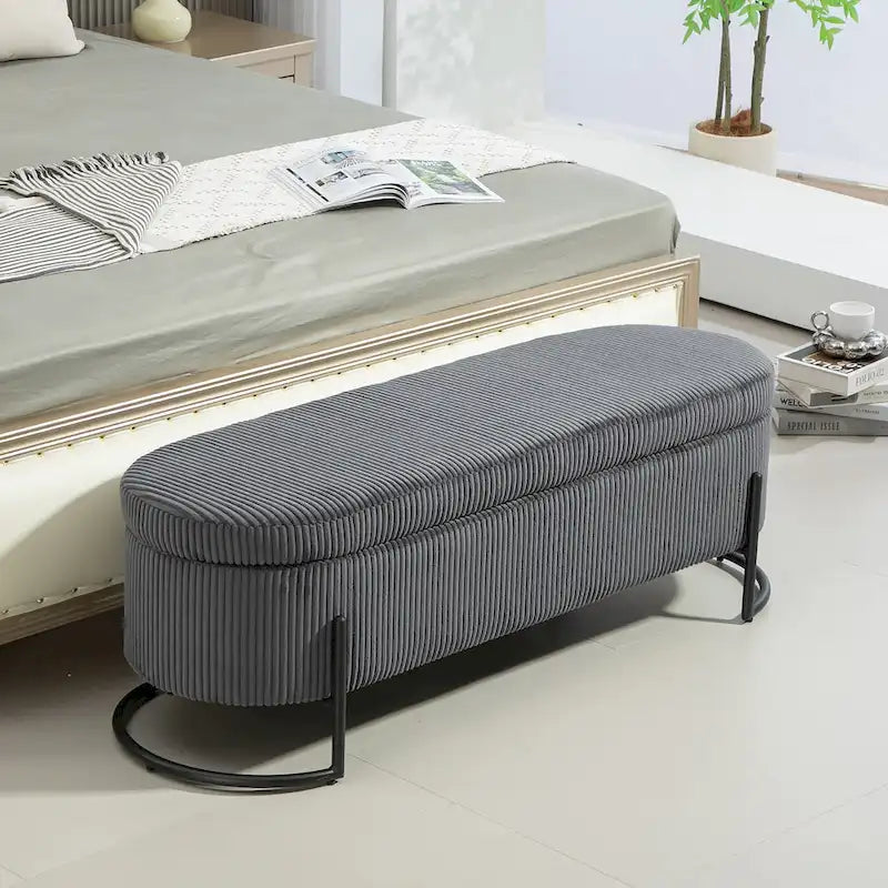 Banc de rangement ottoman de 52 pouces, capitonné, tissu velours, pieds en métal, style Mid-Century, beige / émeraude / noir / rose / orange / gris foncé, 1 unité