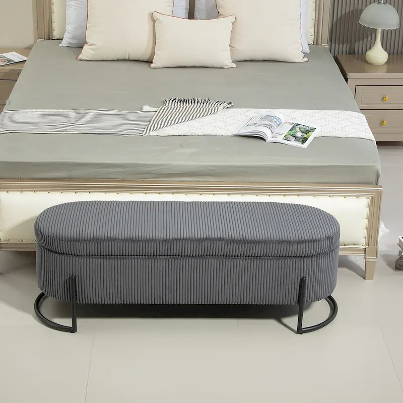 Banc de rangement ottoman de 52 pouces, capitonné, tissu velours, pieds en métal, style Mid-Century, beige / émeraude / noir / rose / orange / gris foncé, 1 unité