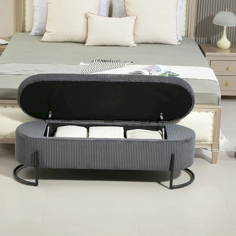 Banc de rangement ottoman de 52 pouces, capitonné, tissu velours, pieds en métal, style Mid-Century, beige / émeraude / noir / rose / orange / gris foncé, 1 unité