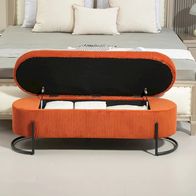 Banc de rangement ottoman de 52 pouces, capitonné, tissu velours, pieds en métal, style Mid-Century, beige / émeraude / noir / rose / orange / gris foncé, 1 unité