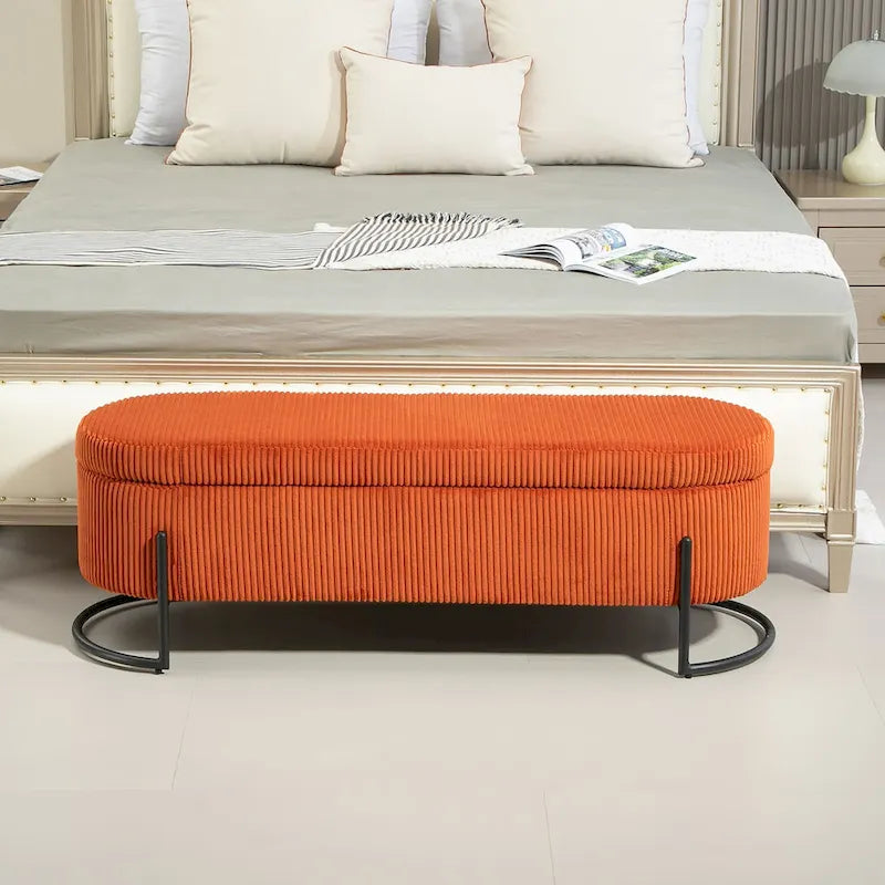 Banc de rangement ottoman de 52 pouces, capitonné, tissu velours, pieds en métal, style Mid-Century, beige / émeraude / noir / rose / orange / gris foncé, 1 unité