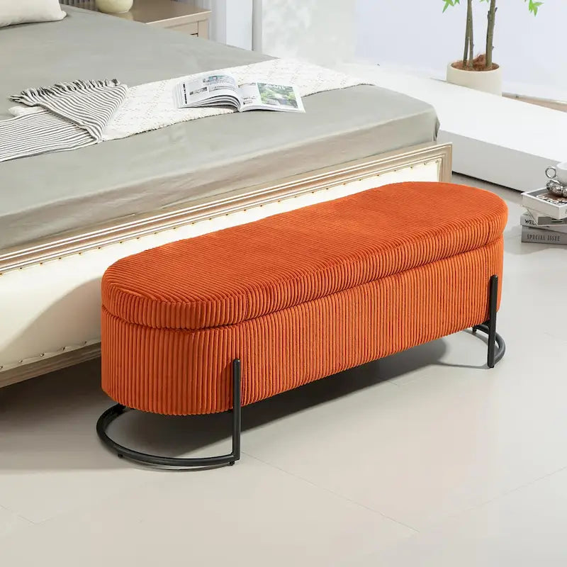 Banc de rangement ottoman de 52 pouces, capitonné, tissu velours, pieds en métal, style Mid-Century, beige / émeraude / noir / rose / orange / gris foncé, 1 unité