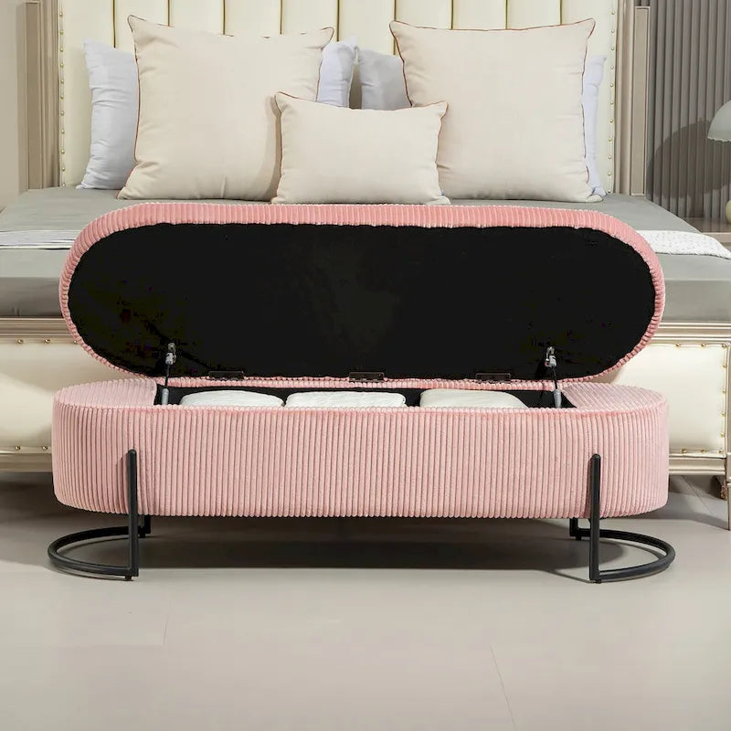 Banc de rangement ottoman de 52 pouces, capitonné, tissu velours, pieds en métal, style Mid-Century, beige / émeraude / noir / rose / orange / gris foncé, 1 unité