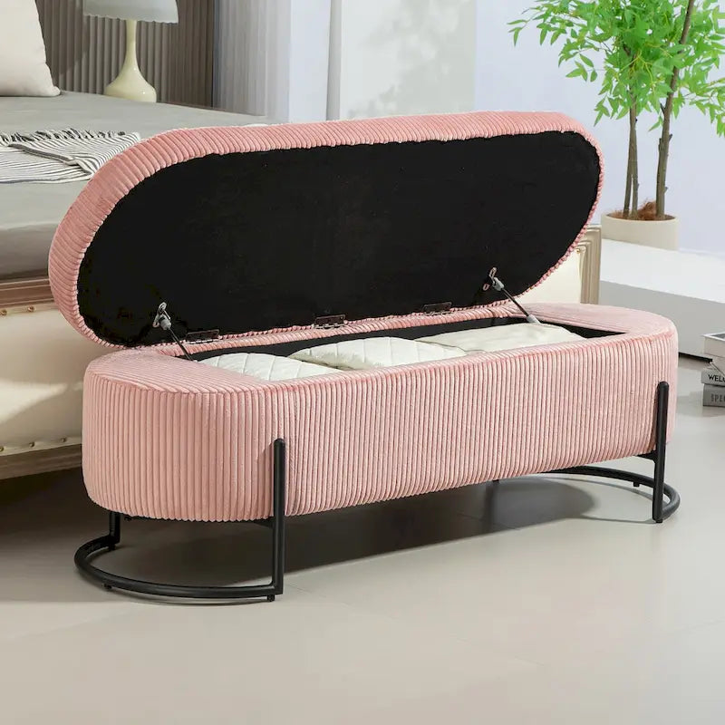 Banc de rangement ottoman de 52 pouces, capitonné, tissu velours, pieds en métal, style Mid-Century, beige / émeraude / noir / rose / orange / gris foncé, 1 unité