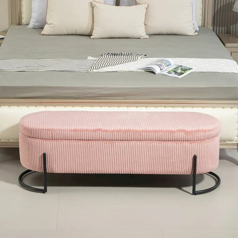 Banc de rangement ottoman de 52 pouces, capitonné, tissu velours, pieds en métal, style Mid-Century, beige / émeraude / noir / rose / orange / gris foncé, 1 unité