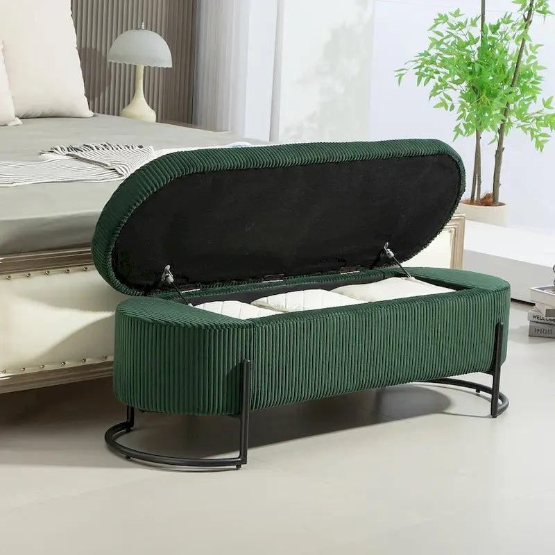 Banc de rangement ottoman de 52 pouces, capitonné, tissu velours, pieds en métal, style Mid-Century, beige / émeraude / noir / rose / orange / gris foncé, 1 unité