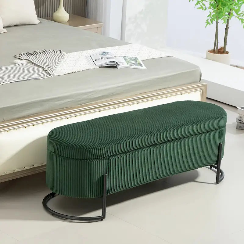 Banc de rangement ottoman de 52 pouces, capitonné, tissu velours, pieds en métal, style Mid-Century, beige / émeraude / noir / rose / orange / gris foncé, 1 unité