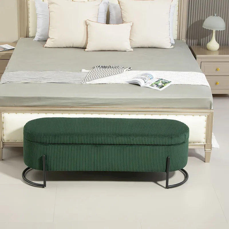 Banc de rangement ottoman de 52 pouces, capitonné, tissu velours, pieds en métal, style Mid-Century, beige / émeraude / noir / rose / orange / gris foncé, 1 unité