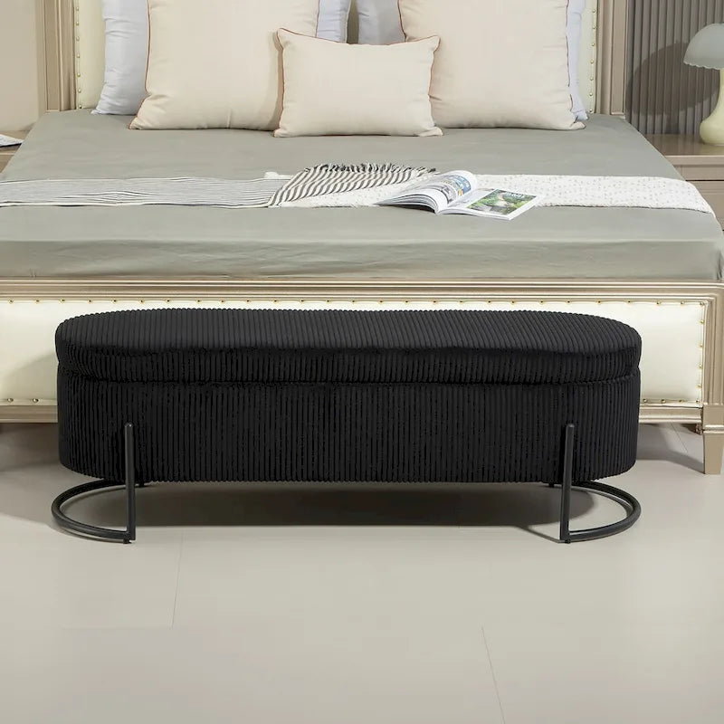 Banc de rangement ottoman de 52 pouces, capitonné, tissu velours, pieds en métal, style Mid-Century, beige / émeraude / noir / rose / orange / gris foncé, 1 unité