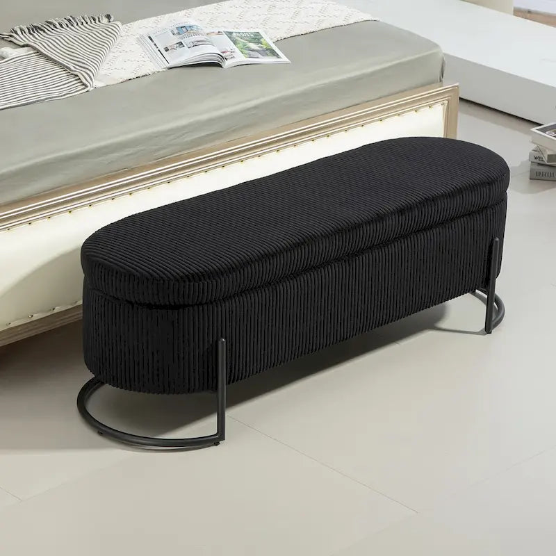 Banc de rangement ottoman de 52 pouces, capitonné, tissu velours, pieds en métal, style Mid-Century, beige / émeraude / noir / rose / orange / gris foncé, 1 unité